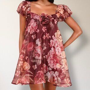 Lulus S Red Floral Organza Mini Dress Puff Sleeve Rosette Cocktail Wedding Guest
